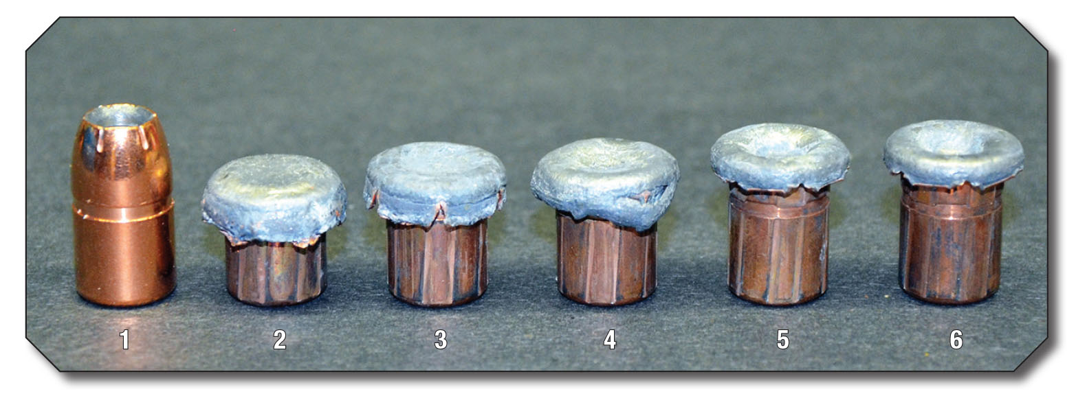 To assure deep penetration at high-impact velocity, A-Frame bullets are constructed to expand no more than a 40 percent  increase in their original diameter. Bullets fired into expansion test media and their impact velocities include a (1) Pristine .45-caliber, 300-grain A-Frame, (2) 2,100 fps, (3) 1,500 fps, (4) 1,300 fps, (5) 1,050 fps and (6) 950 fps.